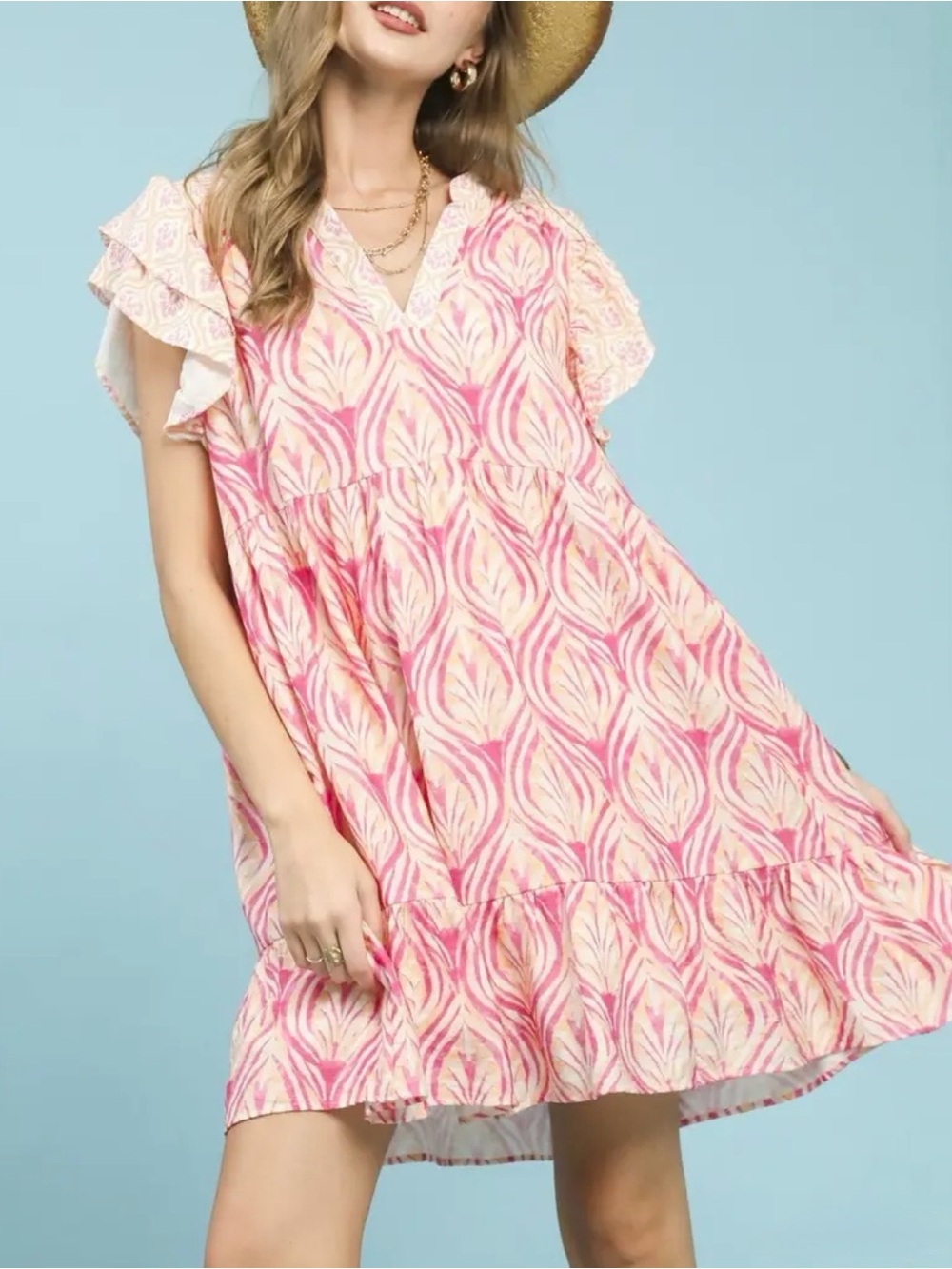 Umgee Pink and Cream Printed Tiered Ruffle Dress